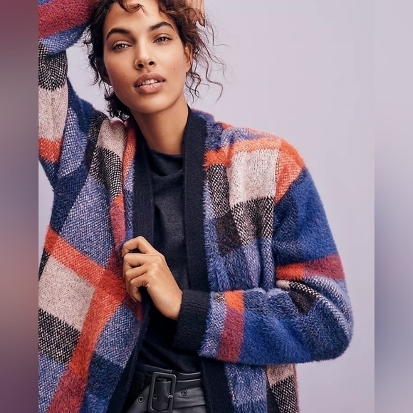 Ann Taylor Blue Orange Plaid Longline Button-Up Oversized Boyfriend Cardigan - Picture 2 of 13